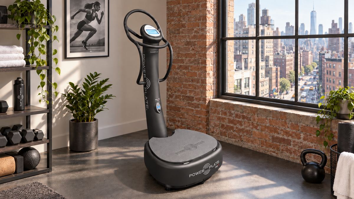 Power Plate my5 whole body vibration system positioned in a New York loft-style home gym beside a large city-view window.