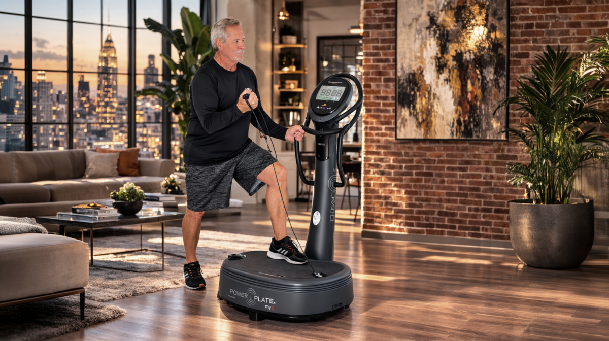 Power Plate my8 whole body vibration platform used for resistance cable training exercise in modern loft home gym environment