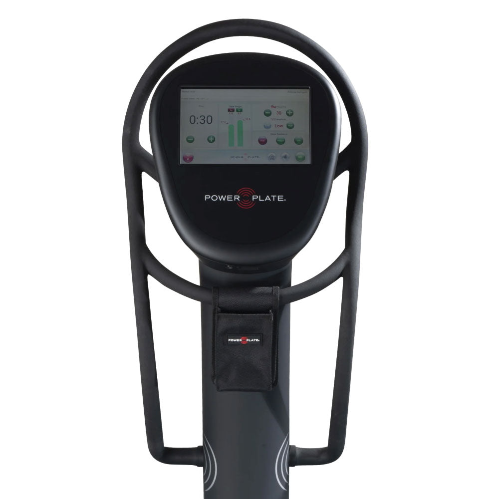 Power Plate my8 vibration platform touchscreen training console showing workout interface and vibration control display