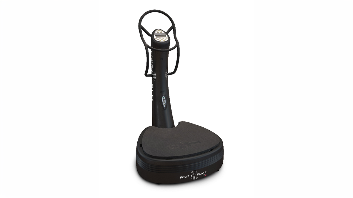 Front view of Power Plate pro5 vibration platform showing plate surface and integrated control column