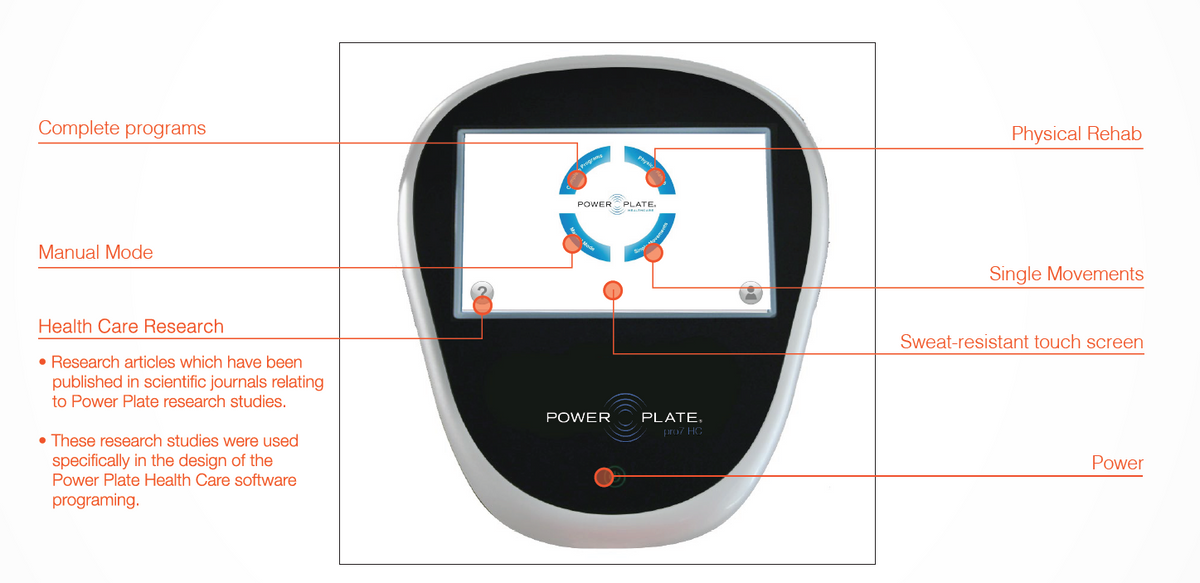 Power Plate pro7HC healthcare vibration platform touchscreen interface showing clinical training programs and therapy modes