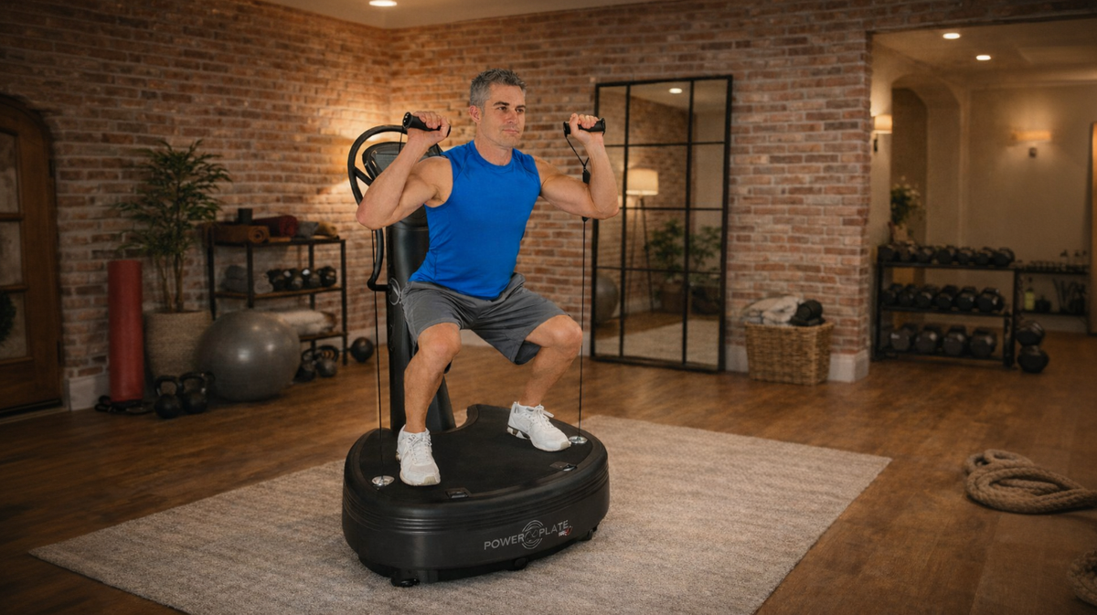 Power Plate pro8 whole body vibration platform squat exercise with resistance cables in professional gym environment