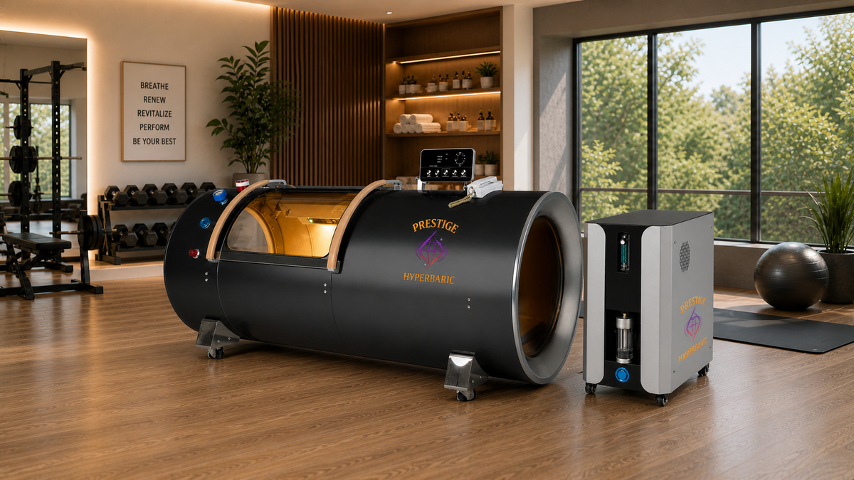 Prestige Hyperbaric 2.0 ATA hard shell hyperbaric chamber with integrated system installed in home wellness and fitness room