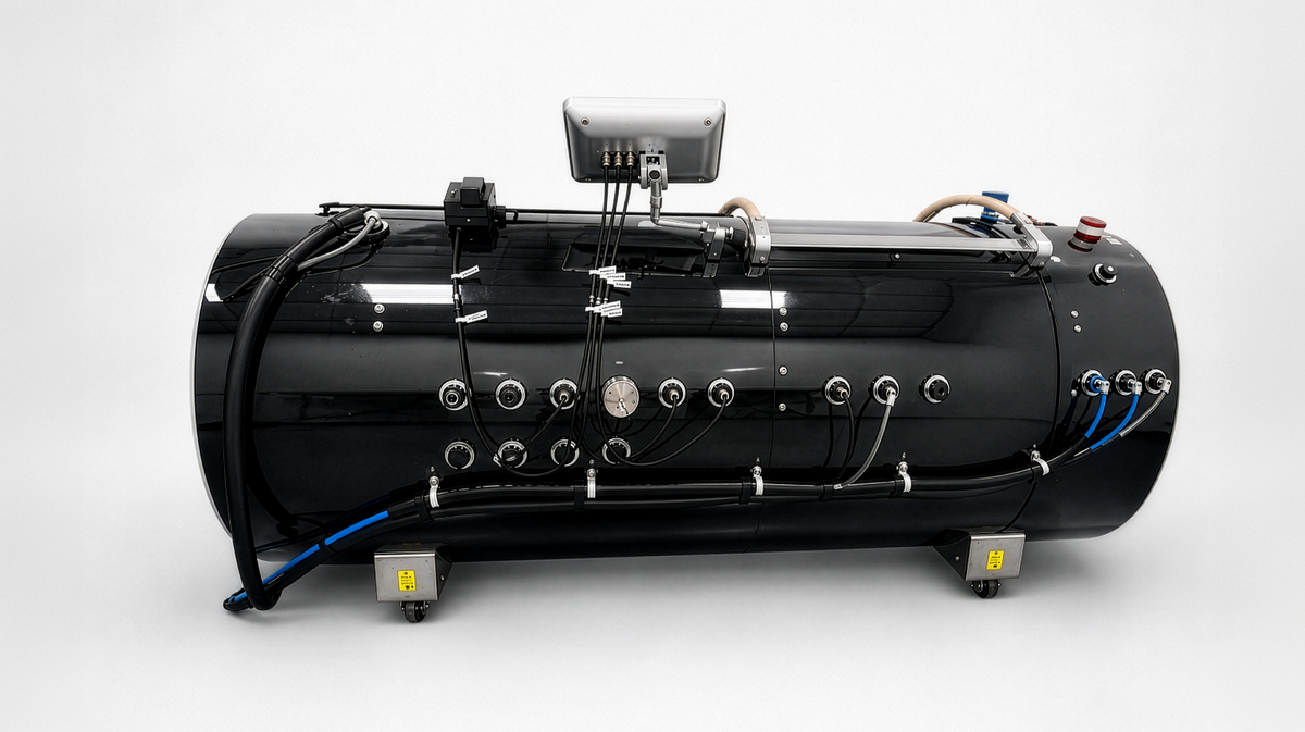Prestige Hyperbaric 2.0 ATA hard shell hyperbaric chamber rear view showing hoses, valves, and system connections in clinical environment