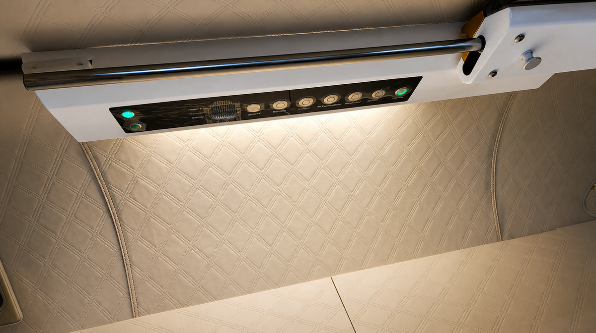 Prestige Hyperbaric 2.0 ATA HBOT interior control panel and lighting system inside chamber in clinical setting