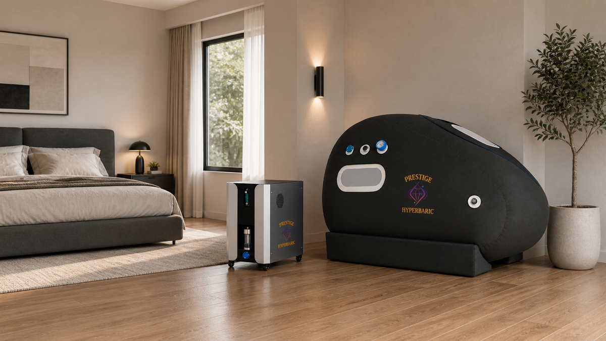 Prestige Hyperbaric chamber and oxygen concentrator system positioned in residential bedroom environment showing in-home wellness setup
