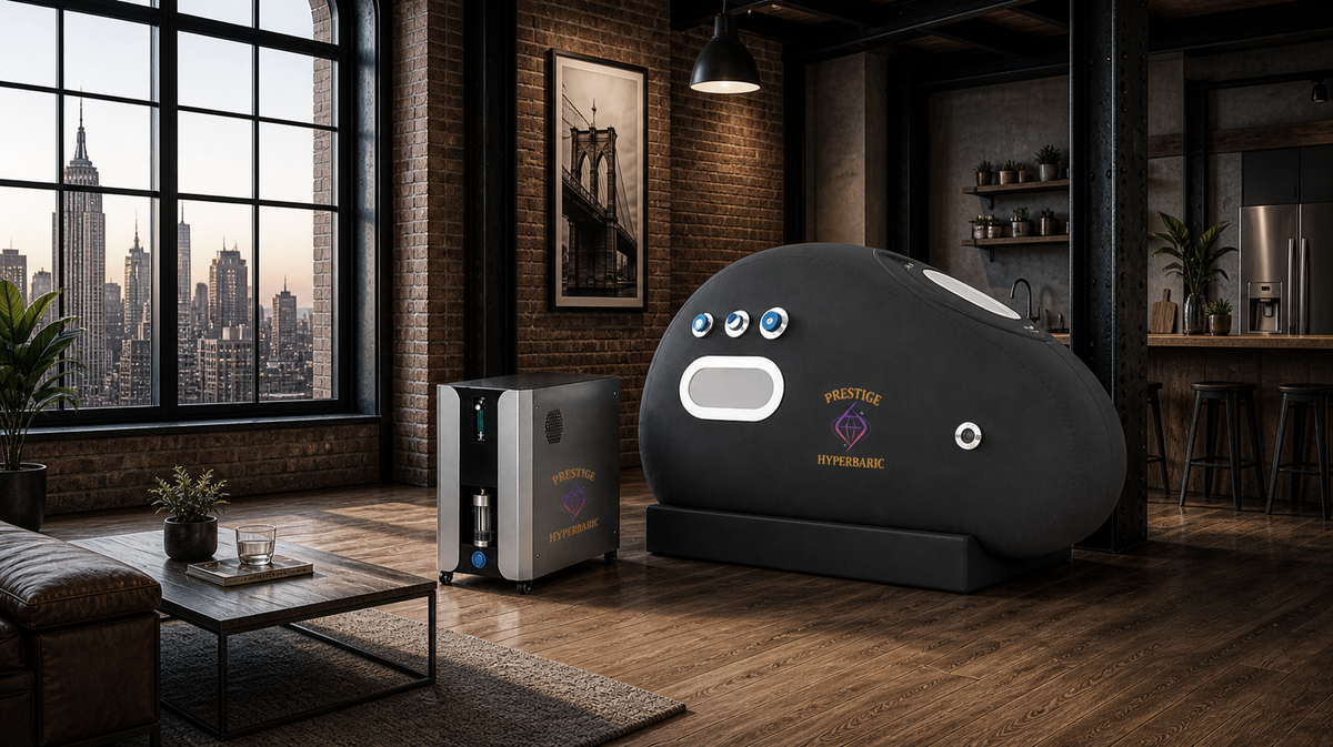 Prestige Hyperbaric chamber and oxygen concentrator system in luxury loft with city skyline view showing high-end home wellness setup