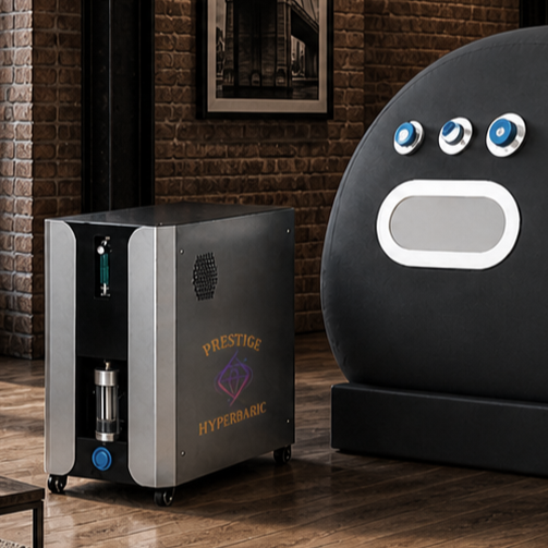 Prestige Hyperbaric chamber and oxygen concentrator system in modern interior brick setting showing compact footprint and equipment pairing