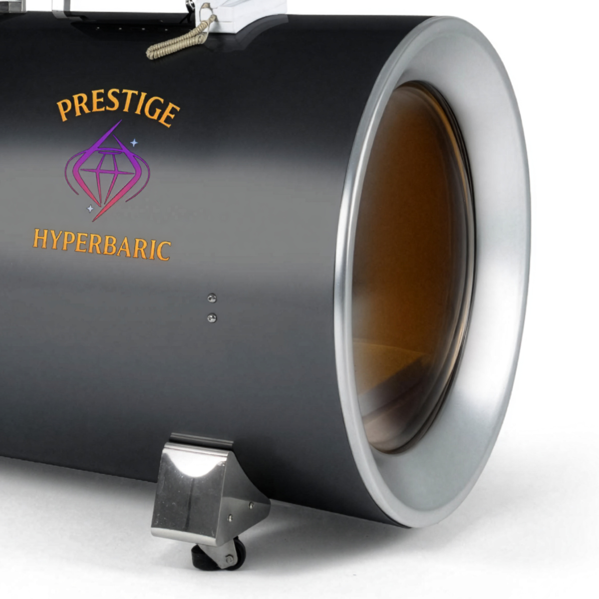 Prestige Hyperbaric chamber front end viewing window with reinforced hard shell structure and integrated base support detail