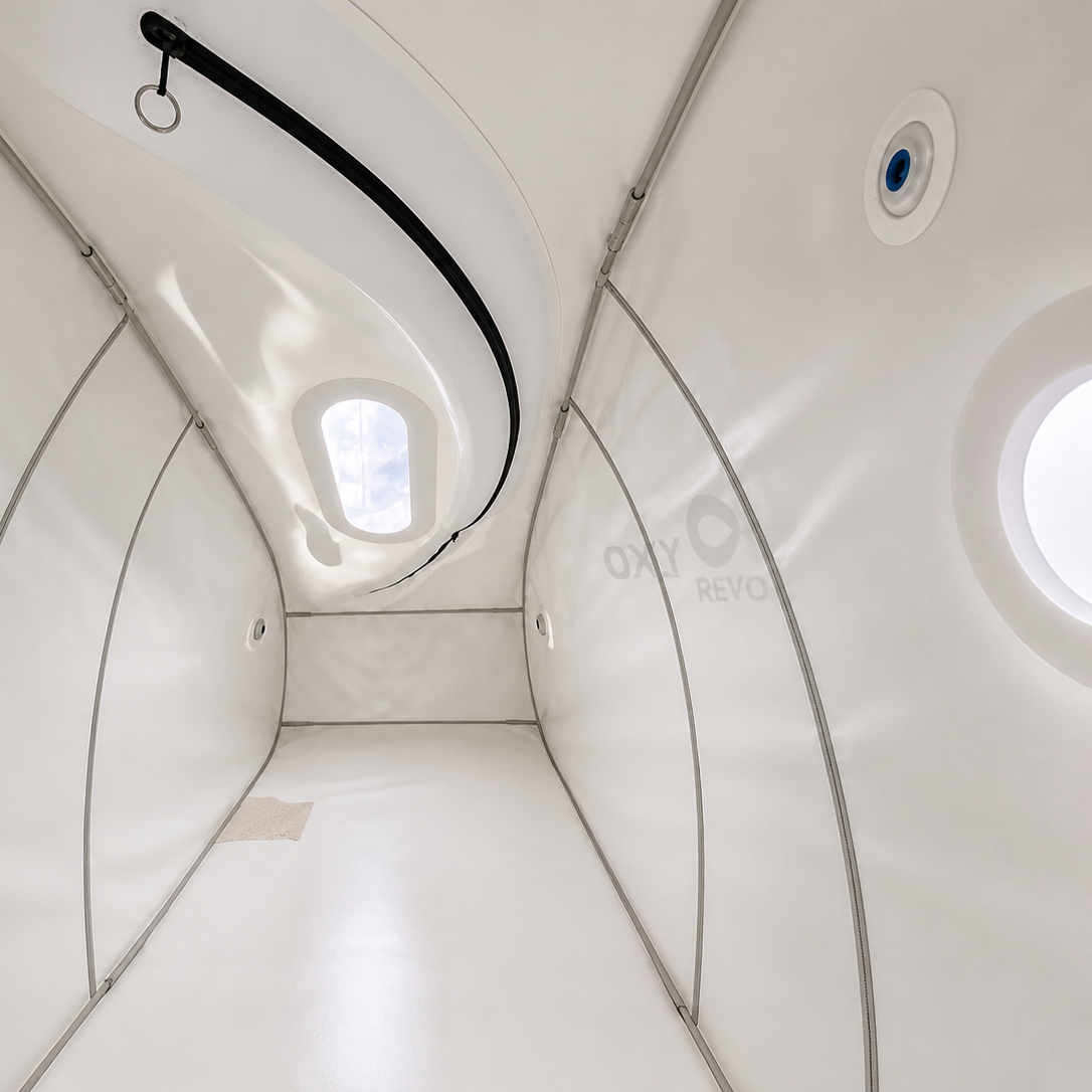 Prestige Hyperbaric chamber interior tunnel structure with airflow ports and frame supports showing enclosed pressurized environment
