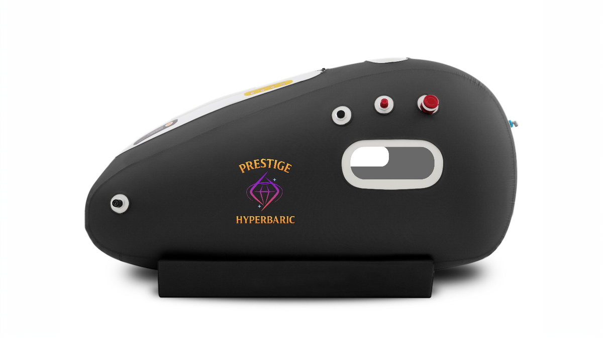 Prestige Hyperbaric softshell HBOT chamber opposite side profile showing valve ports pressure release system and viewing window placement