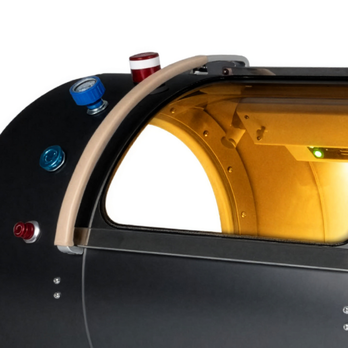 Prestige Hyperbaric chamber pressure valves viewing window and reinforced hard shell construction detail with gauge and fittings