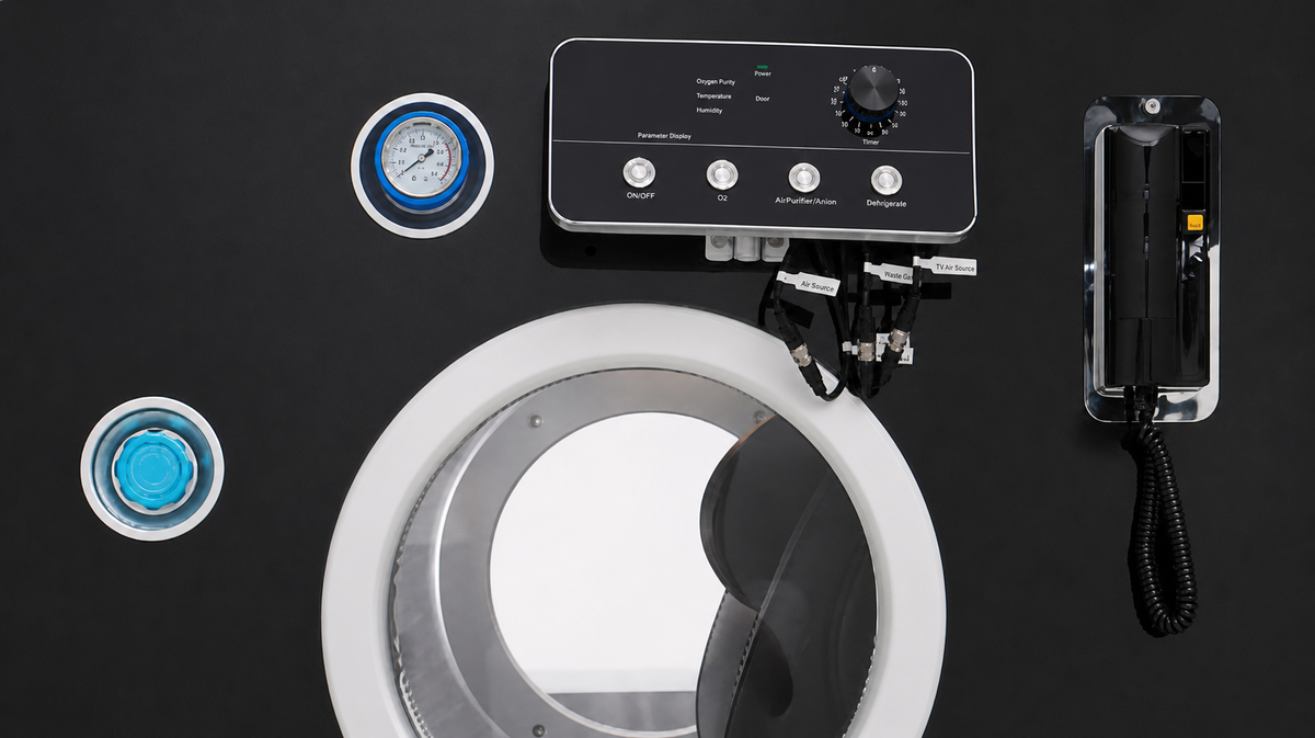 Prestige Hyperbaric HBOT chamber control panel pressure gauge and door interface during operation in indoor setting