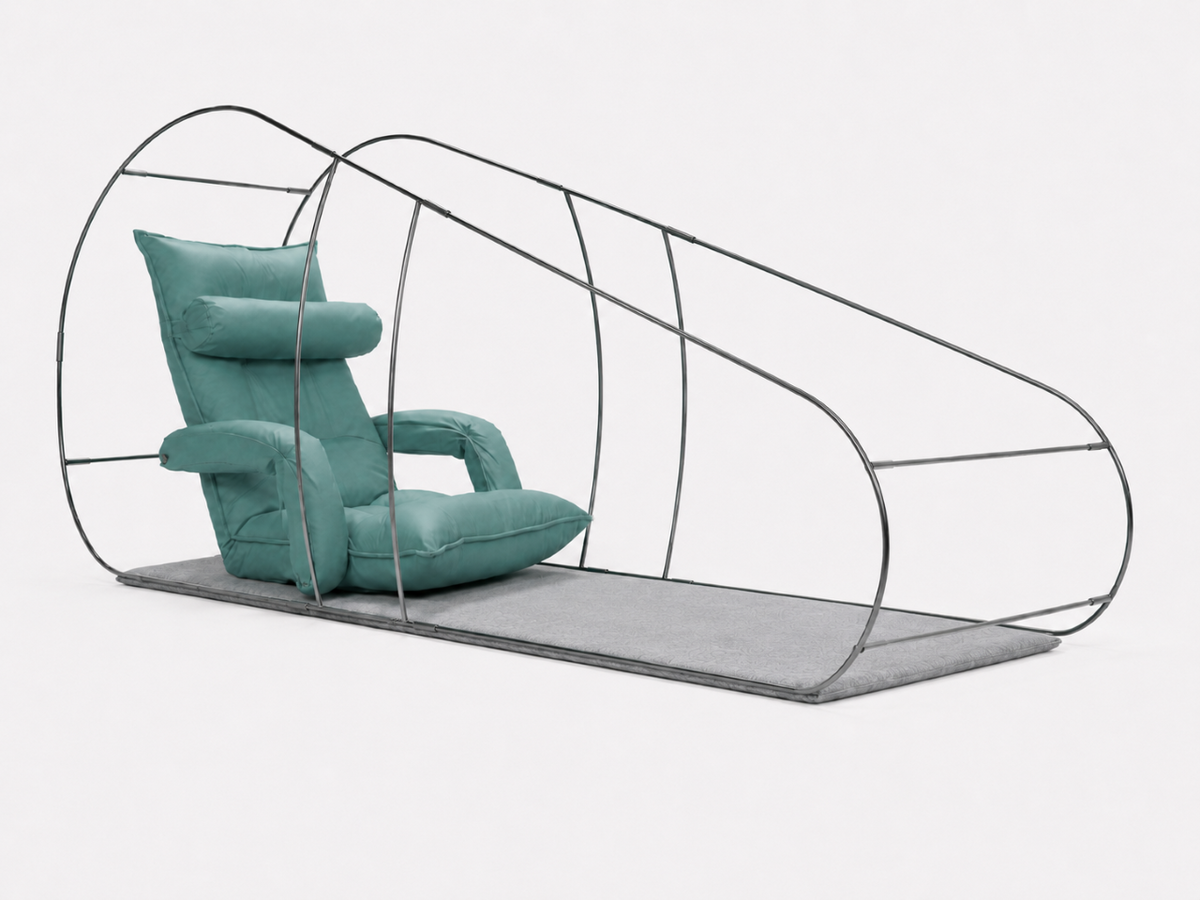Prestige Hyperbaric full-length softshell hyperbaric chamber sit-up system with adjustable reclining chair and internal support frame in clean studio environment