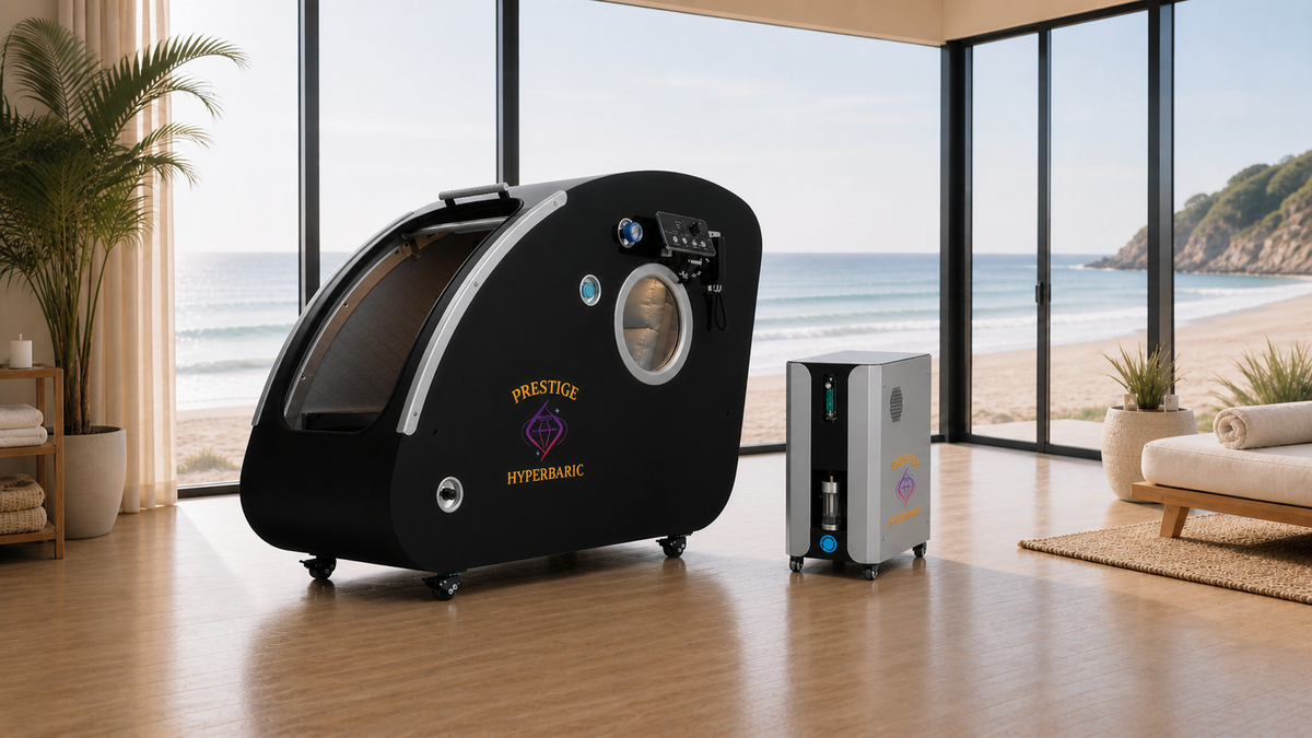 Prestige Hyperbaric Grand Sphere of Power hard shell HBOT chamber with integrated system unit placed in beachfront home environment