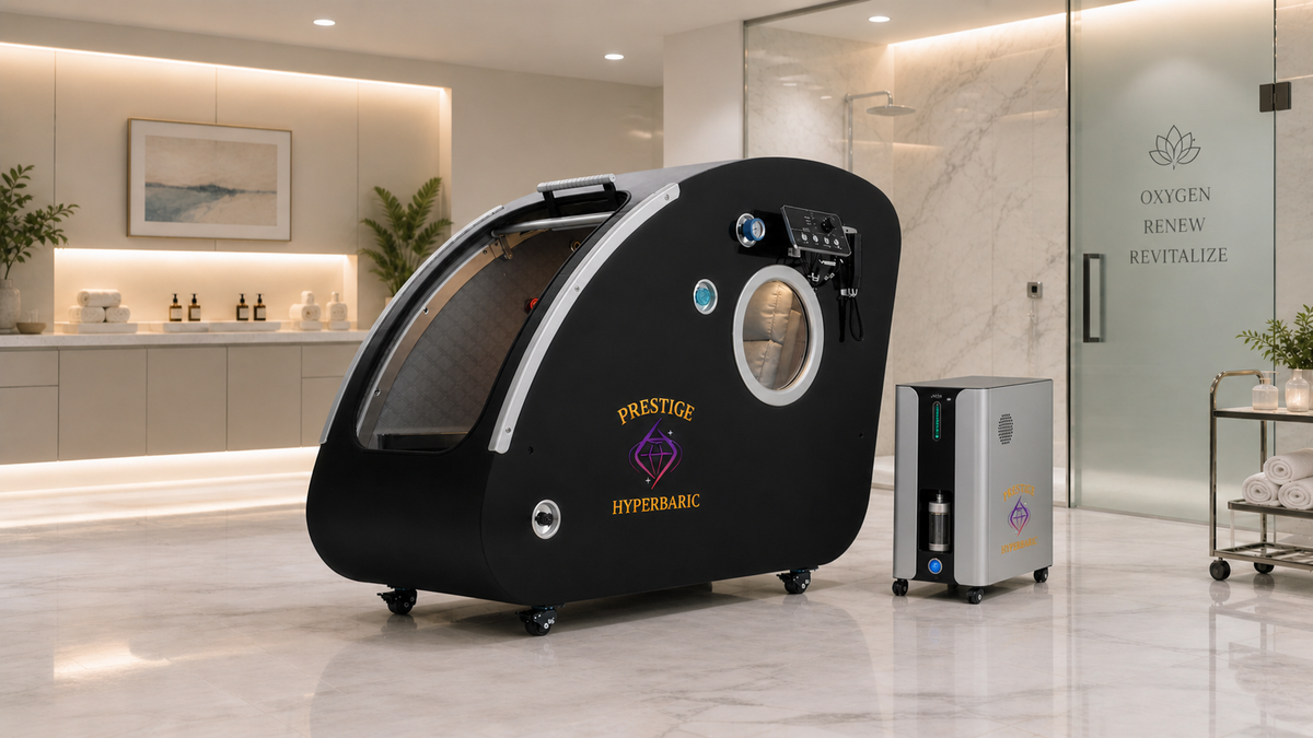 Prestige Hyperbaric Grand Sphere of Power hard shell HBOT chamber installed in modern spa and wellness environment