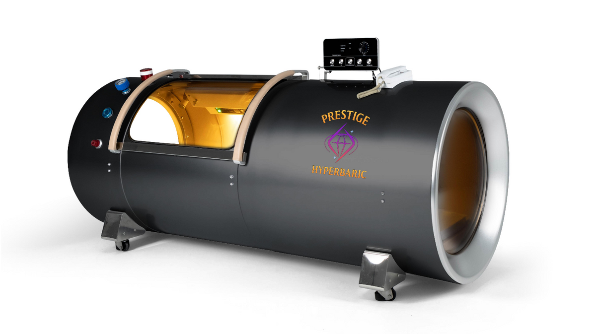 Prestige Hyperbaric hard shell chamber angled perspective showing cylindrical design viewing window and integrated control system