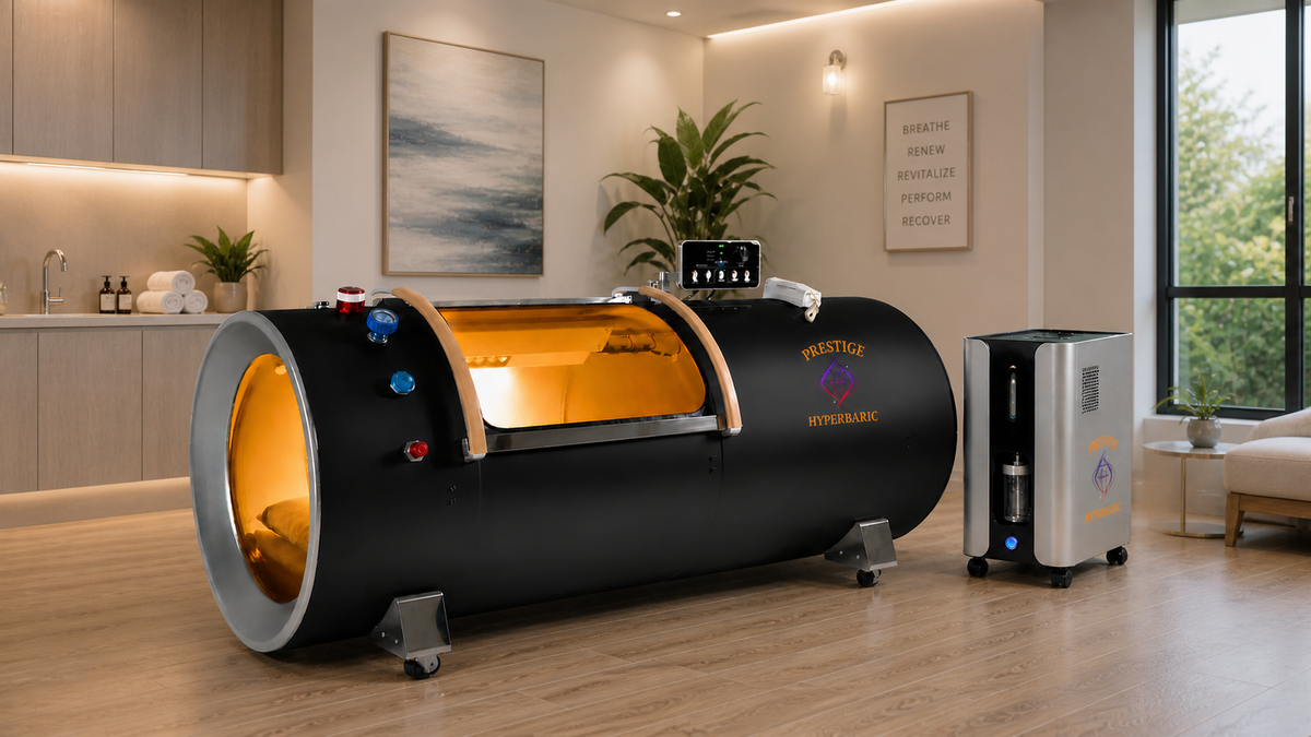 Prestige Hyperbaric hard shell chamber installed in modern home/clinic environment with integrated oxygen compression and cooling system beside unit
