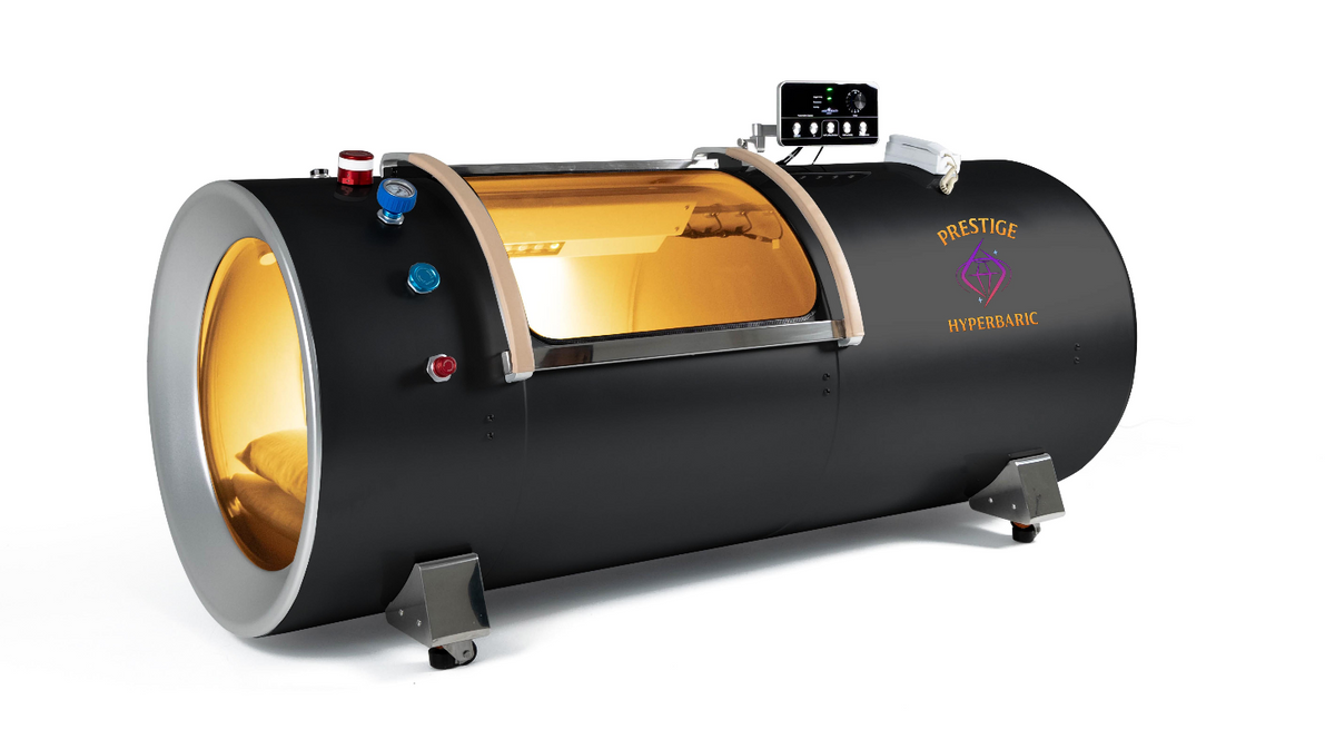 Prestige Hyperbaric hard shell chamber front angled view highlighting oxygen therapy system structure viewing port and base supports