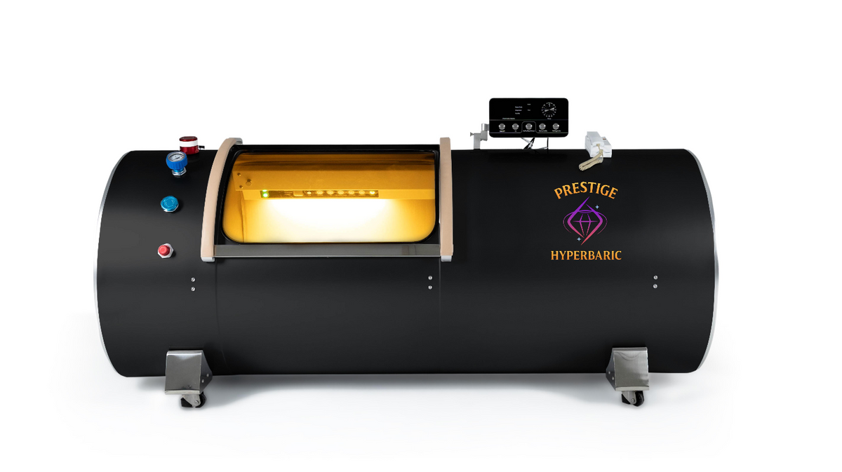 Prestige Hyperbaric hard shell chamber full system side profile on clean studio background showing integrated control panel and structural design