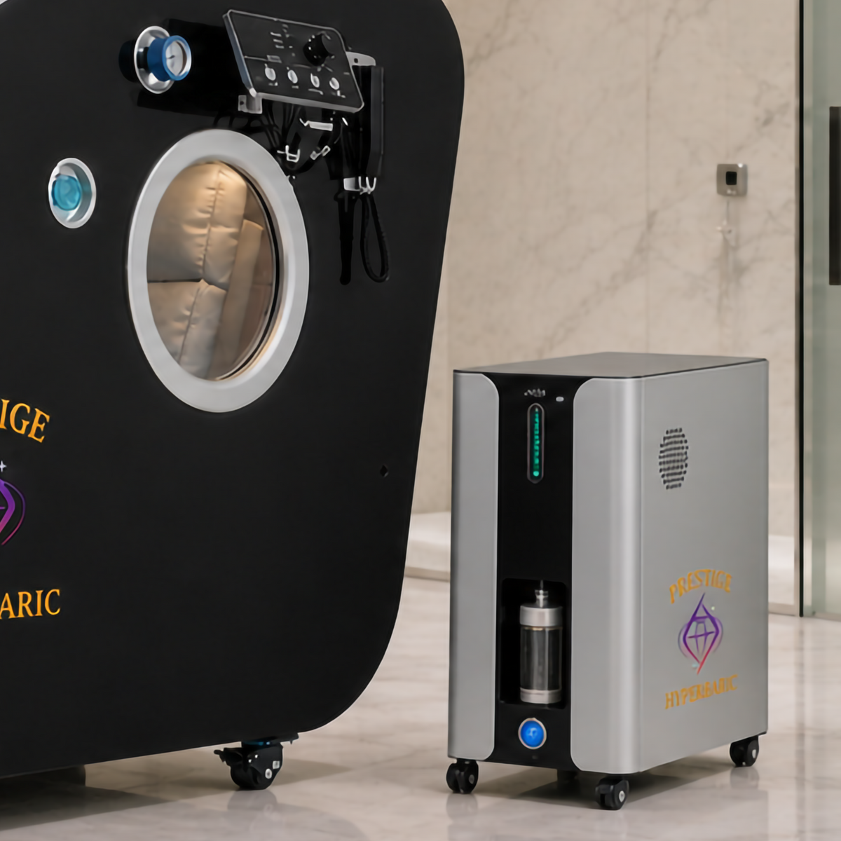 Prestige Hyperbaric HBOT chamber with integrated system unit positioned side by side in indoor residential setting