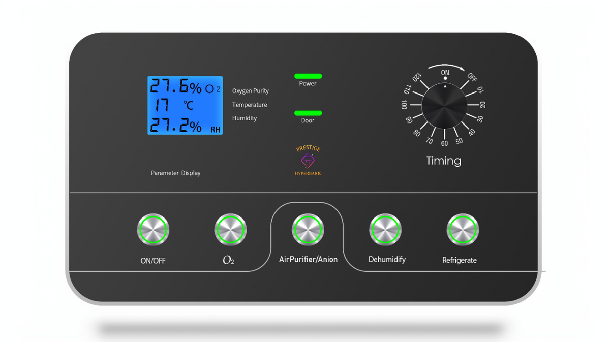 Prestige Hyperbaric HBOT control panel displaying oxygen purity temperature and humidity monitoring interface