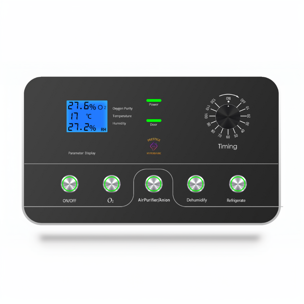 Prestige Hyperbaric digital control panel displaying oxygen purity temperature humidity and session timer with integrated control buttons