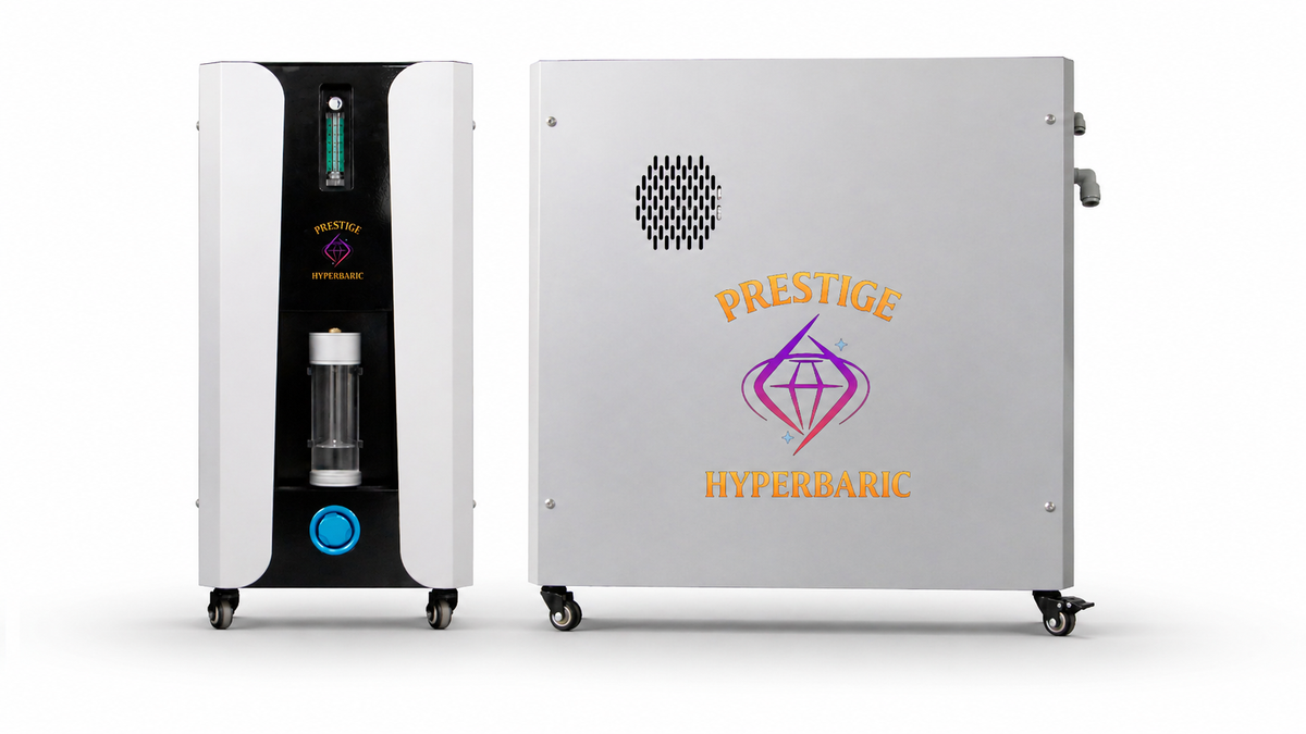 Prestige Hyperbaric oxygen concentrator console front and side view showing flow meter, filtration chamber, and vented housing