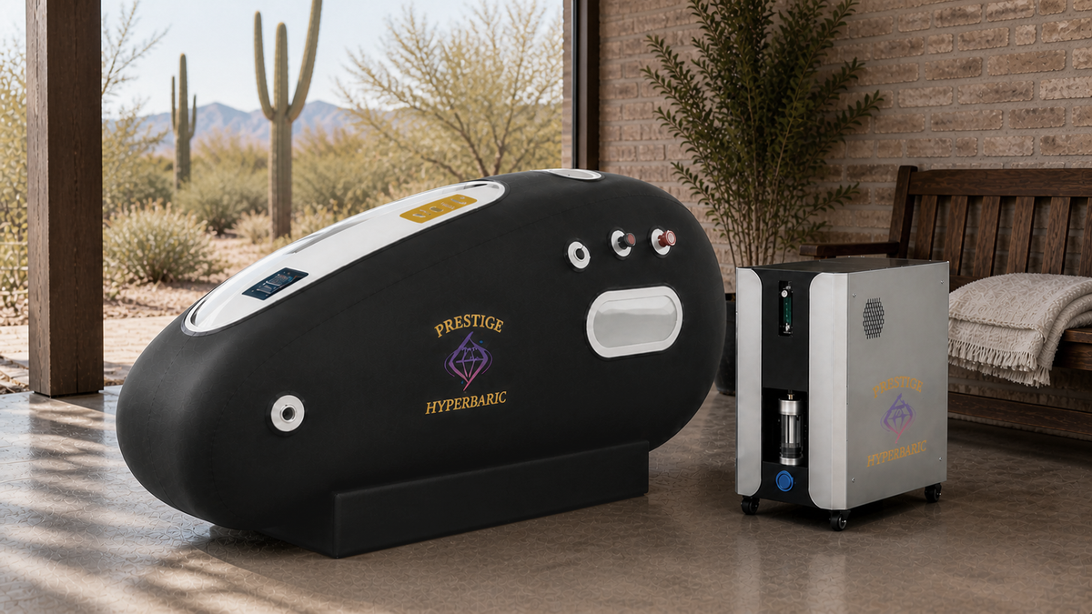 Prestige Hyperbaric system with softshell HBOT chamber and oxygen concentrator console positioned in covered patio environment showing full system layout and airflow components