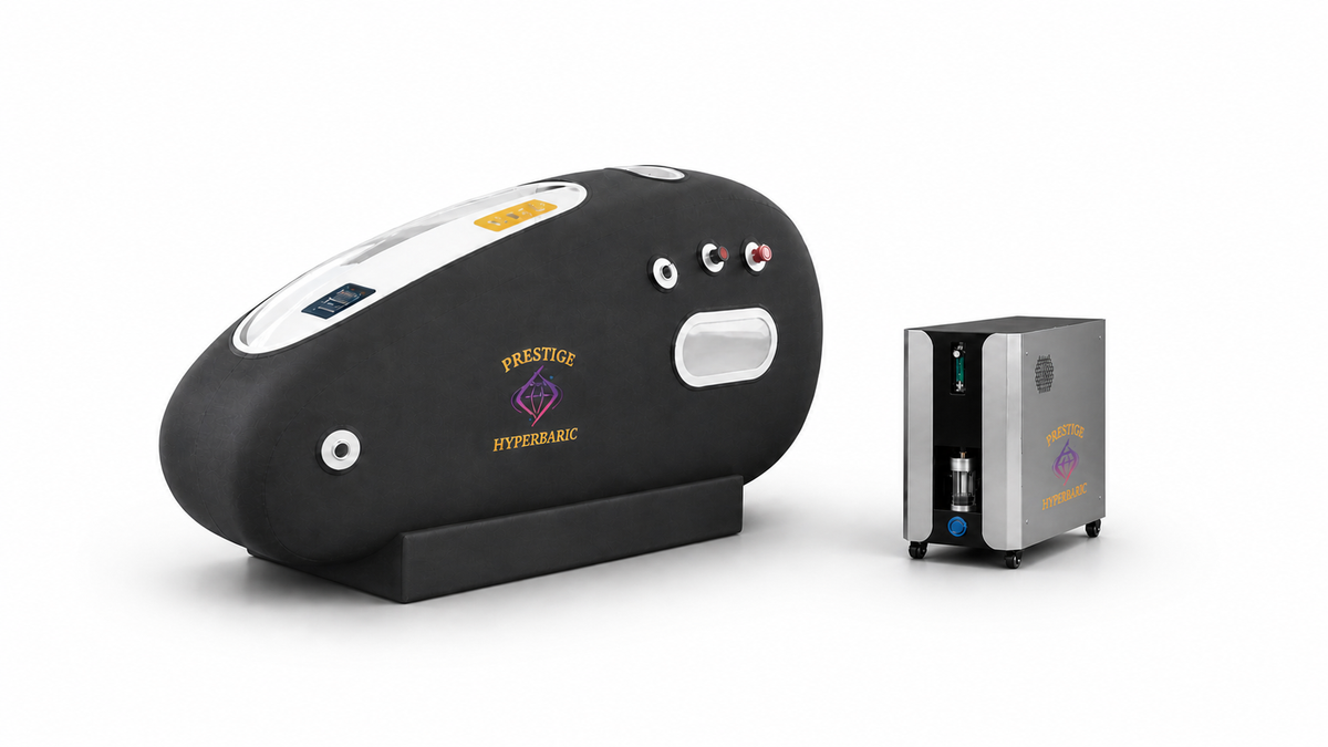 Prestige Hyperbaric system with softshell HBOT chamber and oxygen concentrator console isolated in studio environment showing complete system configuration