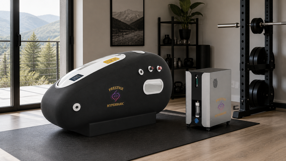 Prestige Hyperbaric system with softshell HBOT chamber and oxygen concentrator console placed in home gym environment showing full system configuration and layout