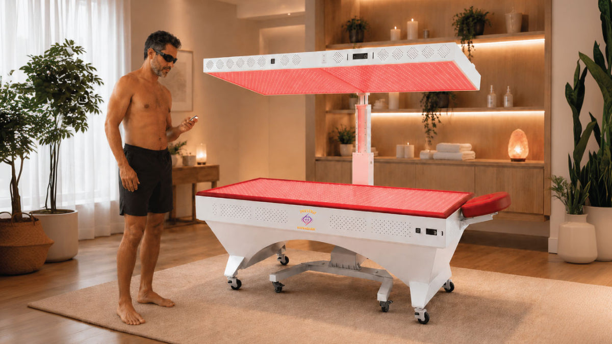 Prestige Pro Modular Red Light Therapy Bed shown in a warm wellness room with man using remote control beside the full-body modular red light therapy system.