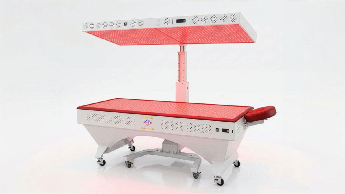 Prestige Pro Modular Red Light Therapy Bed shown with raised upper panel and lower bed panel in a clean product view highlighting the modular full-body red light therapy system.