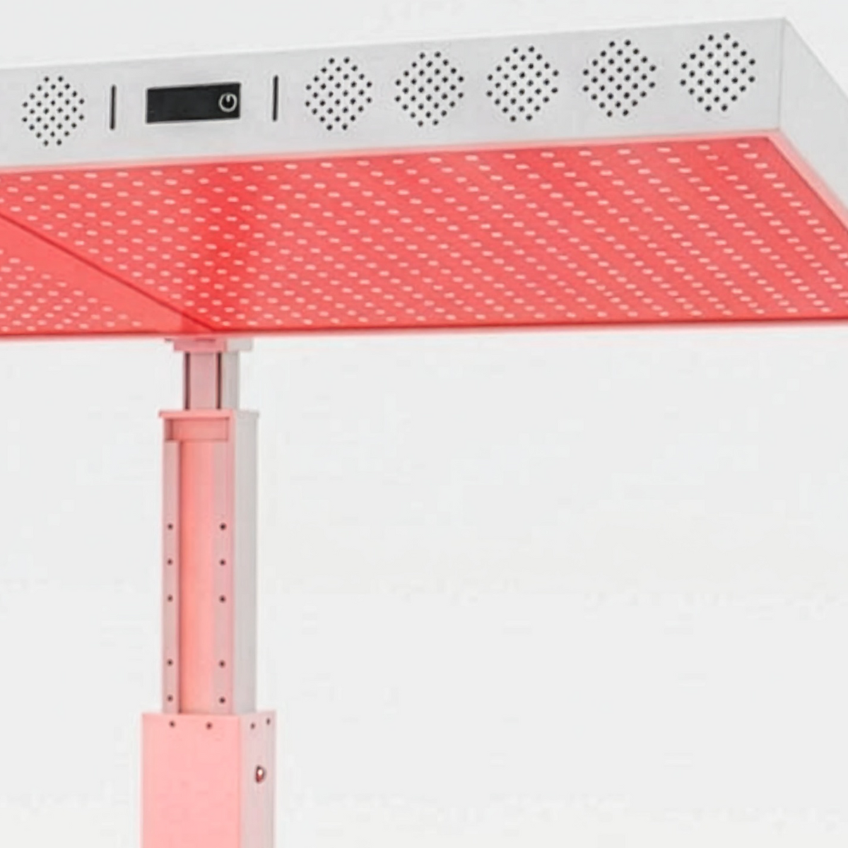 Prestige Pro Modular Red Light Therapy Bed upper panel support column shown in close-up with overhead LED panel and height adjustment structure for modular positioning.