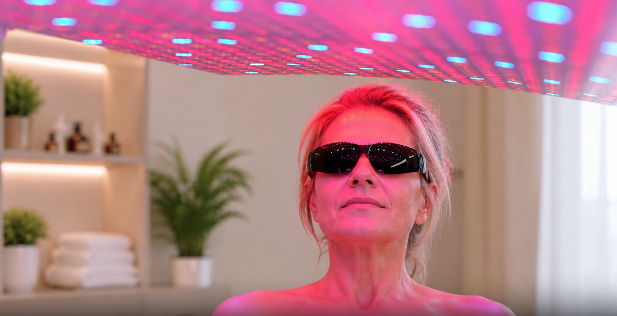 Prestige Pro Modular Red Light Therapy Bed shown during a red light therapy session with a woman wearing protective goggles beneath the overhead light panel in a wellness room setting.