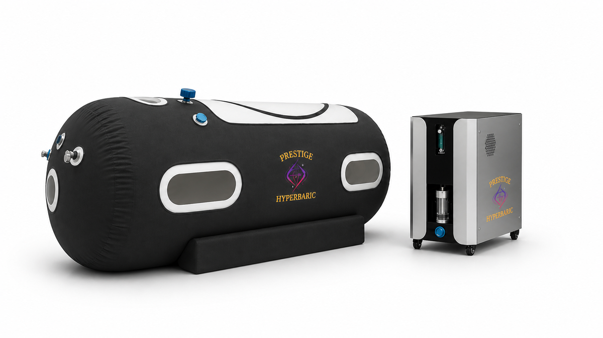Prestige Vessel of Power hyperbaric chamber full body softshell system with integrated system unit displayed in studio environment
