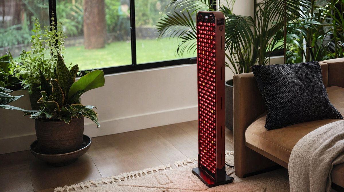 Renew Red Light Large Panel red light therapy panel positioned in a home living room near plants and window for daily wellness use