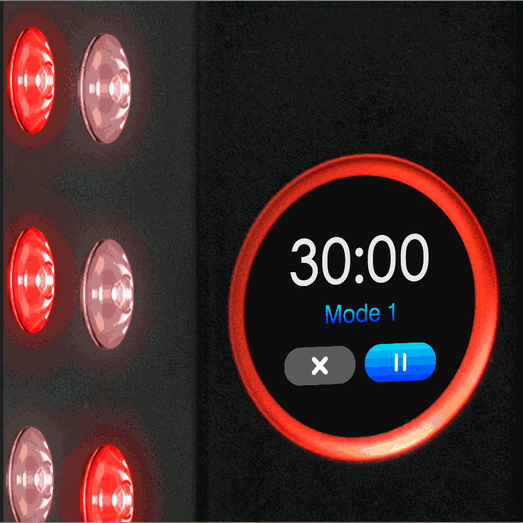 Renew Red Light Max Panel red light therapy panel touchscreen displaying preset modes for warm up fitness recovery and inflammation