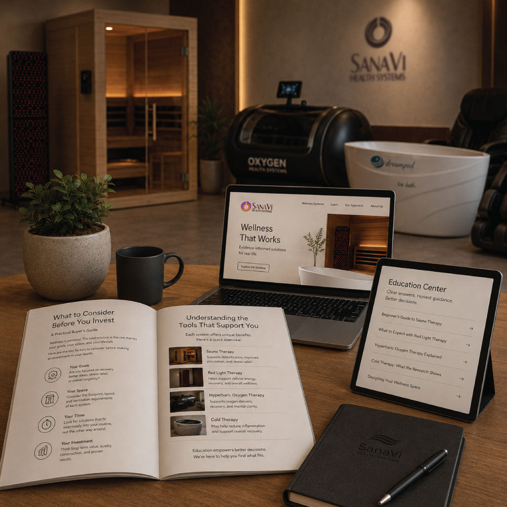 SanaVi clear non-hype education image with wellness equipment guides, blog articles, laptop, tablet, and product systems in a showroom setting