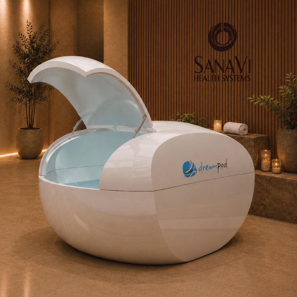SanaVi curated wellness equipment image featuring a DreamPod float therapy pod in a warm premium wellness showroom