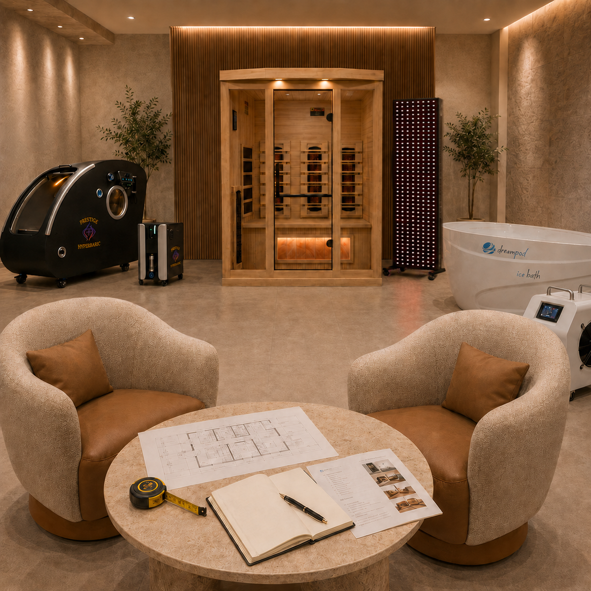 SanaVi guided buying support image with consultation chairs, space planning materials, and wellness equipment in a premium showroom