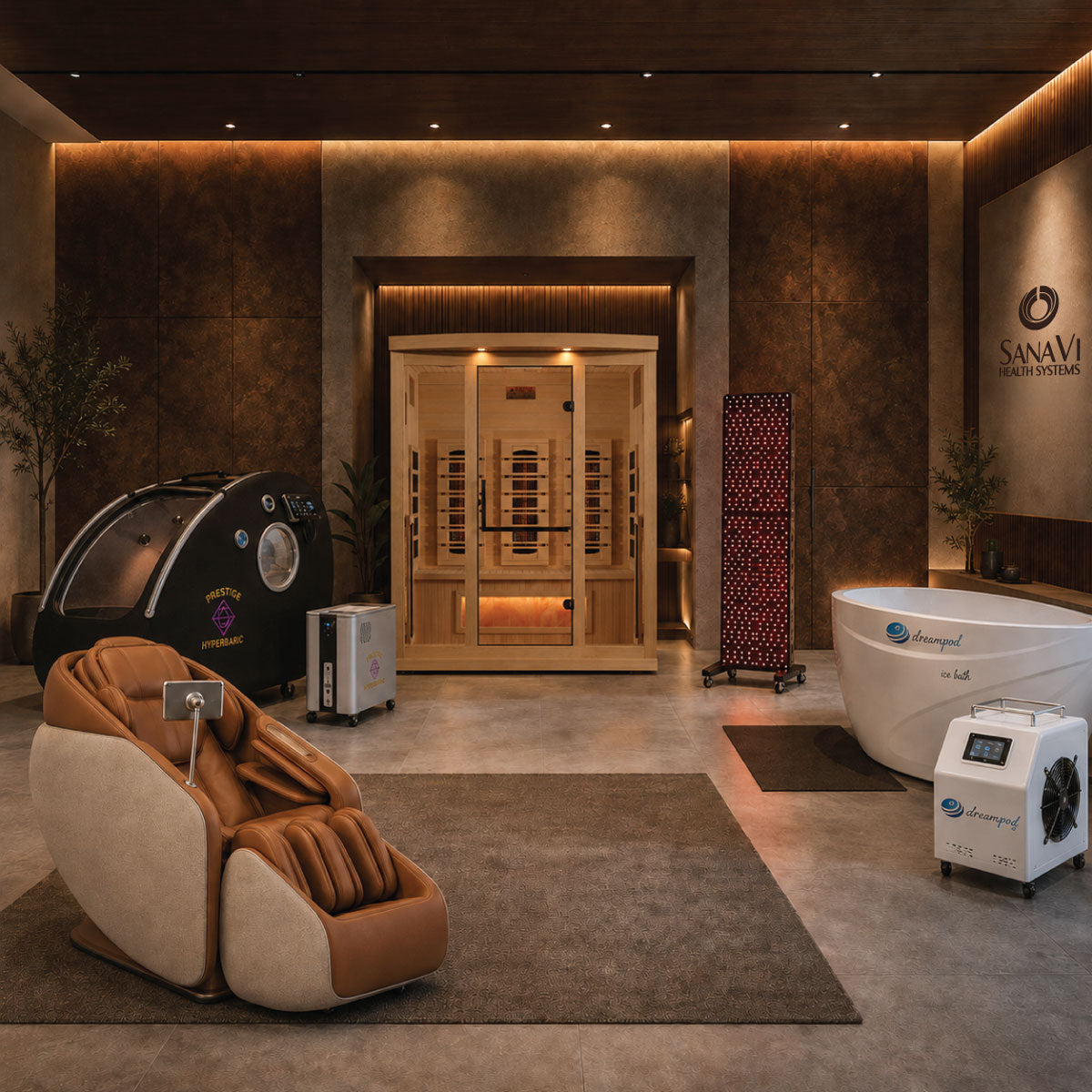 SanaVi Health Systems curated wellness equipment showroom with hyperbaric chamber, sauna, red light therapy panel, cold plunge tub, and massage chair