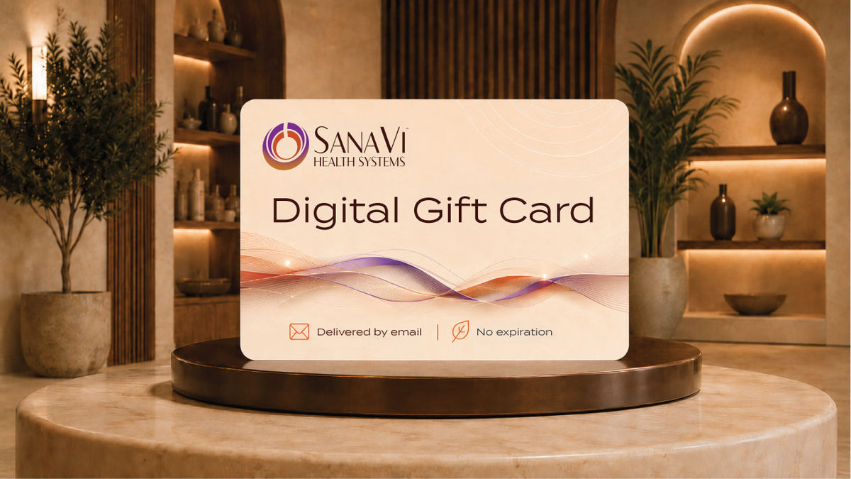 SanaVi Health Systems digital gift card displayed in a luxury wellness setting with email delivery and no expiration