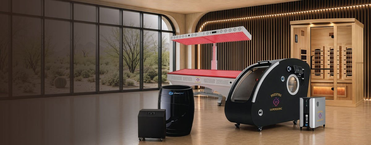 SanaVi Health Systems home hero image showing wellness and recovery equipment including a hyperbaric chamber, red light therapy bed, infrared sauna, cold plunge system, and oxygen therapy equipment in a modern showroom for home and professional use.