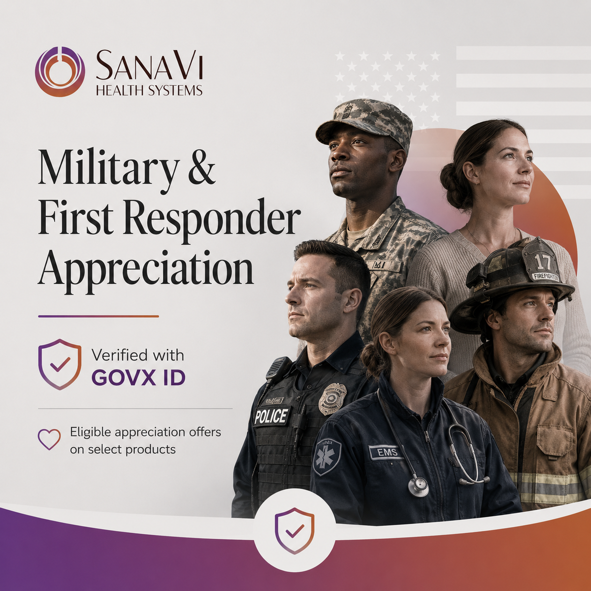 SanaVi Health Systems military and first responder appreciation graphic showing GOVX ID verification for eligible military, veteran, family, law enforcement, fire, and EMS offers
