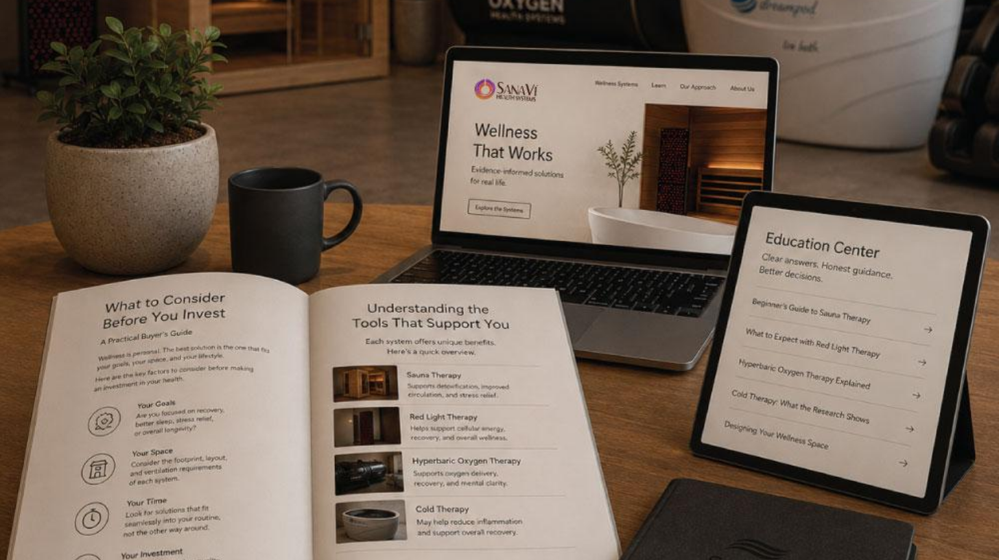 SanaVi wellness technology articles image showing digital and printed education resources for learning about home and professional wellness systems