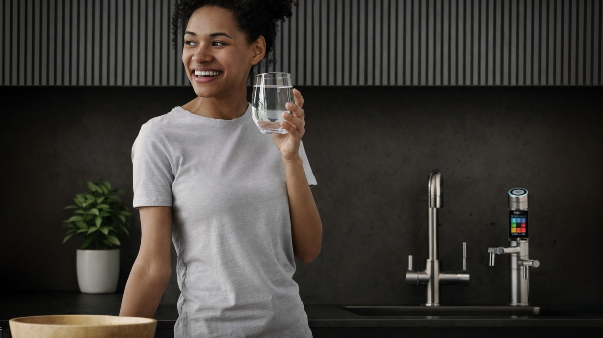 Tyent UCE-13 PLUS hydrogen water system in use with person holding glass of ionized alkaline water in kitchen environment