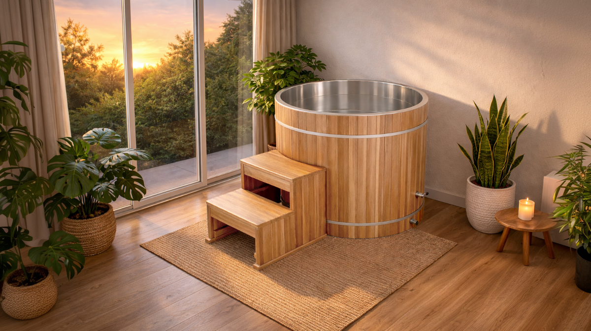 304 stainless steel cold plunge barrel tub with cedar exterior placed in home wellness room with natural light and indoor plants