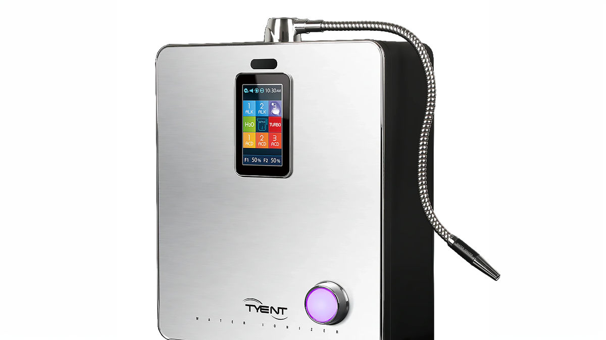 Tyent ACE-13 Turbo water ionizer countertop system angled view highlighting stainless steel design and spout