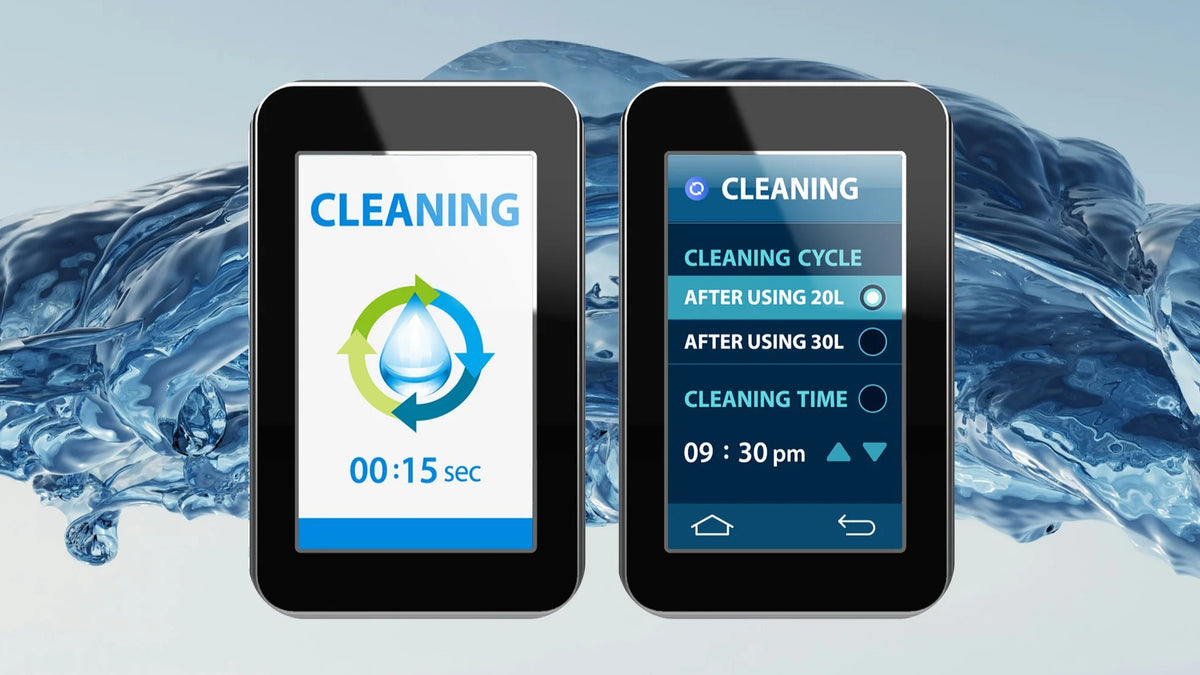 Tyent ACE-13 Turbo water ionizer display showing automatic cleaning cycle settings with digital interface